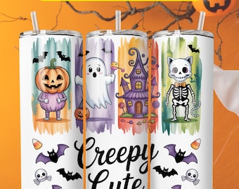 Tumbler avvolgente di Halloween inquietante e carino in formato PNG, Tumbler sottile da 20 once con stampa a sublimazione, Tumbler fantasma in formato PNG, Tumbler stagione spettrale, Halloween pastello