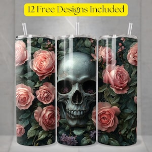Gothic Skull & Rose Tumbler Wrap 20oz Sublimation Tumbler Design, Skull Tumbler Wrap Sublimation PNG, Digital Download