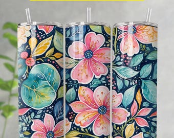 Retro Summer Floral Tumbler Wrap Design, Boho Flowers Tumbler Wrap PNG, 20oz Skinny & Tapered Tumbler PNG, Natychmiastowe pobieranie cyfrowe