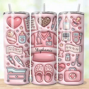 May include: A pink tumbler featuring a nurse-themed design. The design includes medical symbols, a nurse's uniform, baby-related items, and the name "Stephanie". The tumbler has a straw and a silver lid.
