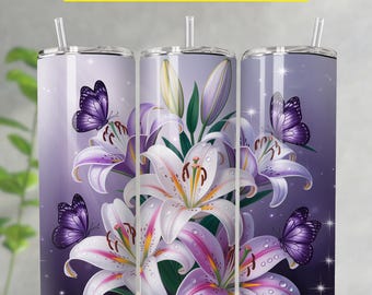 Envoltura para vaso con diseño de mariposa y flores moradas en 3D, descarga digital PNG, diseño delgado y recto para vaso, diseños florales delgados para sublimación de 20 oz
