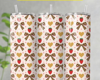 Envoltura para vaso de San Valentín con lazo de cereza, lazo rosa de 20 oz, diseño de sublimación delgado, corazones románticos de acuarela, envolturas para vaso con lazo, lazo de guepardo PNG