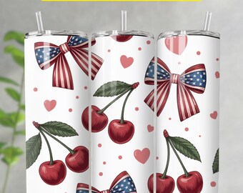 Envoltura para vaso America Cherries Coquette, bandera de EE. UU. con lazo de cereza, diseño de sublimación PNG para vaso de 20 oz con el 4 de julio, descarga digital