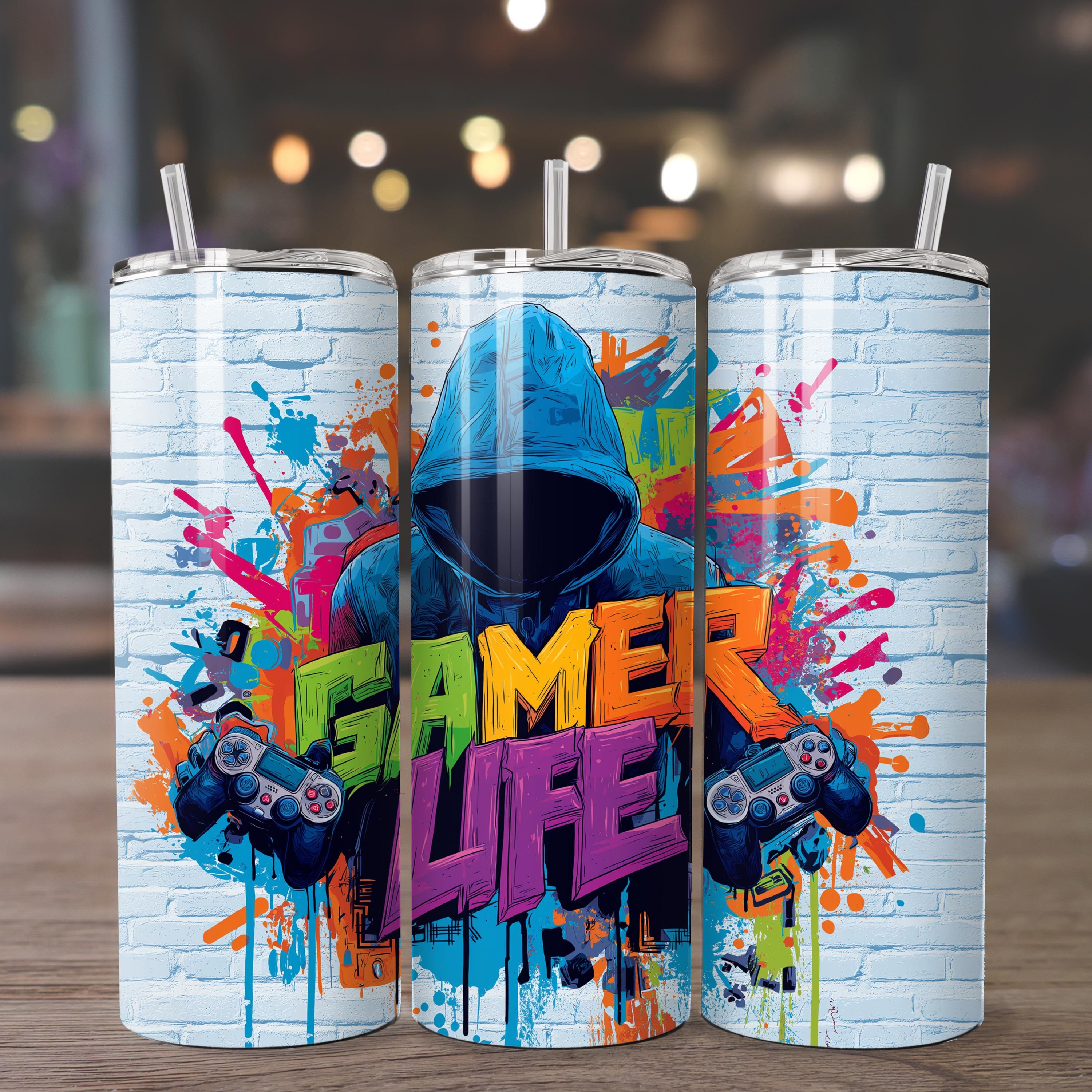 Gaming Tumbler Wrap PNG 20oz, Neon Gamer Life Graffiti Design ...
