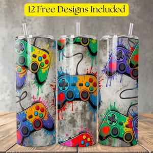 Envoltura para vaso de 20 oz para control de juego, PNG con salpicadura de neón para juegos, diseño colorido de sublimación para control de juego, envoltura delgada y recta, descarga digital