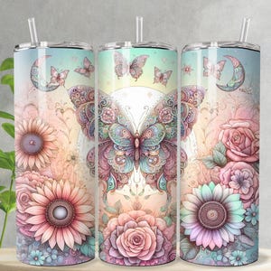 Celestial Boho Spring Butterfly 20 oz Skinny Tumbler Sublimation Design Digital Download PNG Instant DIGITAL ONLY, Seamless Tumbler Wrap