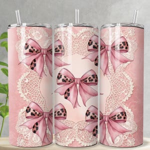 Coquette 20 oz beker wrap, coquette strikken sublimatie png-wrap, roze magere beker ontwerp, luipaardprint roze strik beker sjabloon download