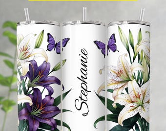 Vaso personalizado con nombre, diseño floral para vaso con sublimación de nombre, PNG sin costuras, vaso delgado floral de 20 oz PNG