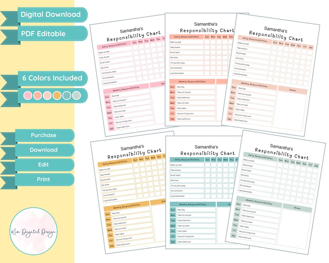 Editable Chore Chart for Kids, Daily Responsibility Chore Chart