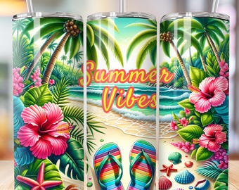 Copri bicchiere Summer Vibes, infradito arcobaleno, design spiaggia oceano PNG, copri bicchiere sottile senza cuciture da 20 oz con stampa a sublimazione, copri bicchiere da spiaggia