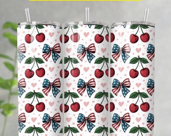 Envoltura para vaso America Cherries Coquette, bandera de EE. UU. con lazo de cereza, diseño de sublimación PNG para vaso de 20 oz con el 4 de julio, descarga digital