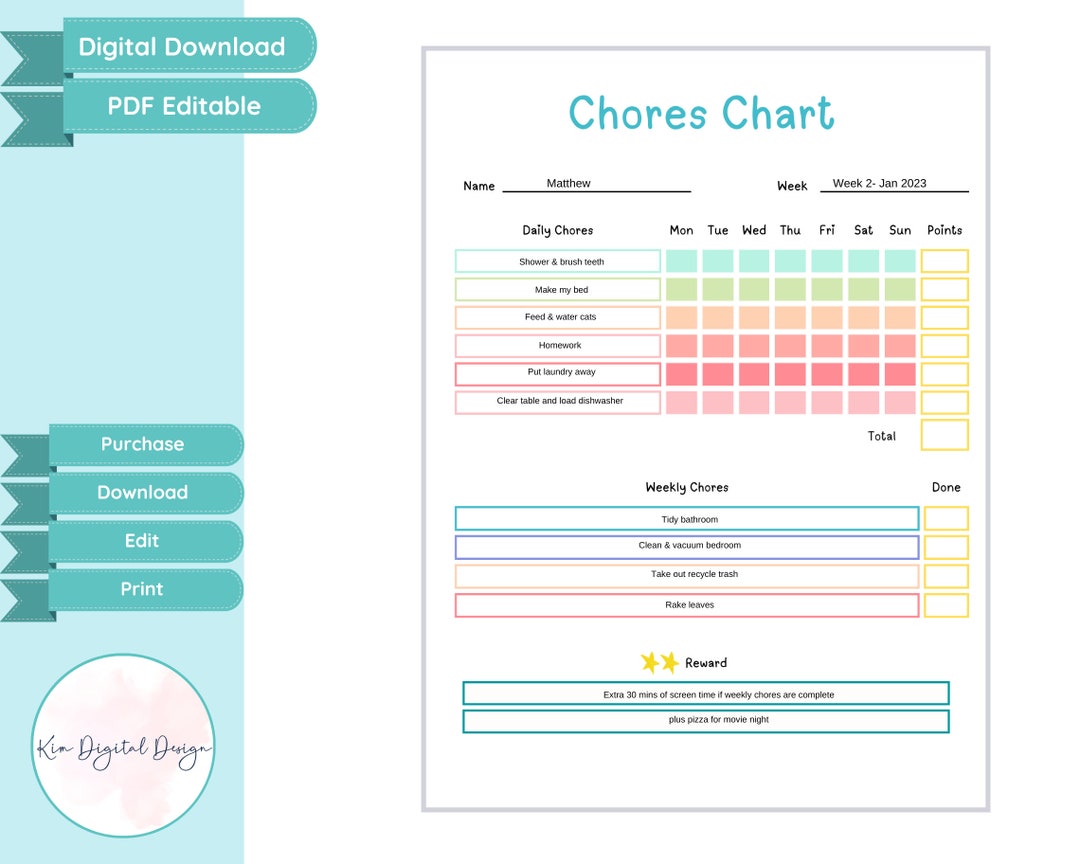 Chore Chart, Chore Chart for Kids, Responsibility Chart for Kids