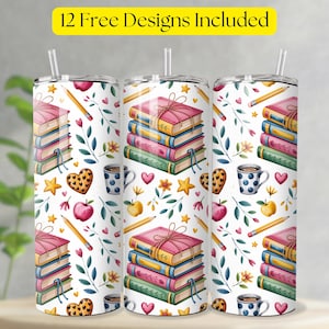 Cute Teacher Themed Tumbler Wrap 20oz Skinny Sublimation Design Coffee Books, and School Supplies Digital Download for Educators Teacher PNG