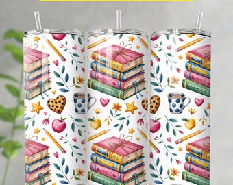 Carino insegnante a tema Tumbler Wrap 20oz Skinny Sublimation Design Caffè Libri e materiale scolastico Download digitale per educatori Insegnante PNG