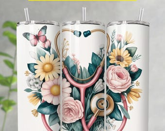 Nurse Tumbler Wrap, Floral Nurse Tumbler Wrap, Seamless Tumbler Wrap, Nurse 20oz Tumbler Wrap, Nurse Tumbler PNG Digital Download.