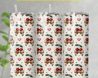 Copribicchiere con fiocco di ciliegio per San Valentino, fiocco rosa da 20 once, design a sublimazione sottile, cuori romantici acquerellati, copribicchieri con fiocco in formato PNG, PNG senza soluzione di continuità