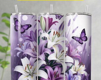 Envoltura para vaso con diseño de mariposa y flores moradas en 3D, descarga digital PNG, diseño delgado y recto para vaso, diseños florales delgados para sublimación de 20 oz