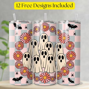 Retro Halloween Tumbler Wrap PNG, 20oz Skinny Tumbler Sublimation,Checkered Ghost Tumbler PNG,Spooky Season Tumbler, Pastel Halloween