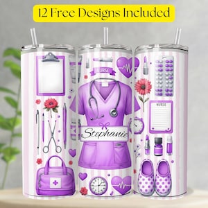 May include: Three stainless steel tumblers with straws, decorated with a nurse theme. The design includes a purple nurse's uniform, medical tools, and the name "Stephanie". The tumblers are decorated with pink and white stripes and the text "12 Free Designs Included".