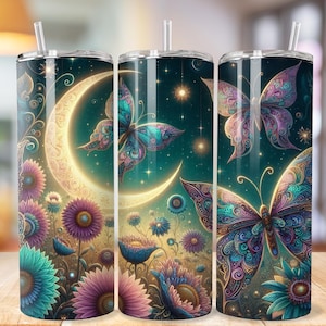 Celestial Boho Spring Butterfly 20 oz Skinny Tumbler Sublimation Design Digital Download PNG Instant DIGITAL ONLY, Seamless Tumbler Wrap