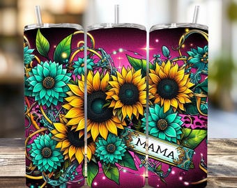 Envoltura para vaso con girasoles, vaso delgado de 20 oz PNG, envoltura para vaso con girasoles con purpurina, diseño de sublimación con purpurina, descarga digital sin costuras