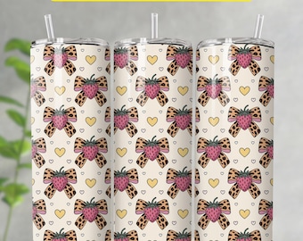 Envoltura para vaso de San Valentín con lazo de cereza, lazo rosa de 20 oz, diseño de sublimación delgado, corazones románticos de acuarela, envolturas para vaso con lazo, lazo de guepardo PNG