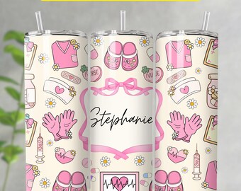 Diseño PNG para vaso de enfermera, 20 oz, diseño delgado para sublimación, regalo personalizado rosa para enfermera, regalo personalizado para estudiante de enfermería