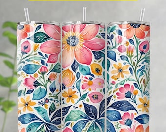 Retro Summer Floral Tumbler Wrap Design, Boho Flowers Tumbler Wrap PNG, 20oz Skinny & Tapered Tumbler PNG, Natychmiastowe pobieranie cyfrowe