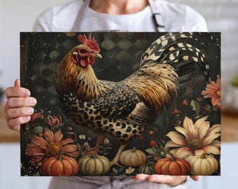 Descarga de diseño de tabla de cortar con sublimación floral de gallo rústico, PNG de tabla de cortar con pollo de granja, diseño digital de archivo de tabla de cortar