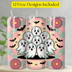Retro Halloween Tumbler Wrap PNG, 20oz Skinny Tumbler Sublimation,Checkered Ghost Tumbler PNG,Spooky Season Tumbler, Pastel Halloween