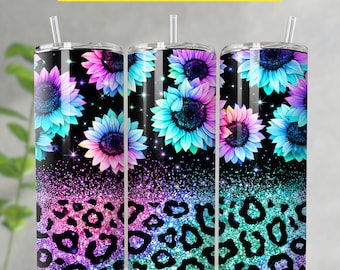 Tumbler Wrap con stampa leopardata e girasole in formato PNG, tumbler sottile da 20 once con design a sublimazione, tumbler con stampa leopardata con glitter floreali, download digitale