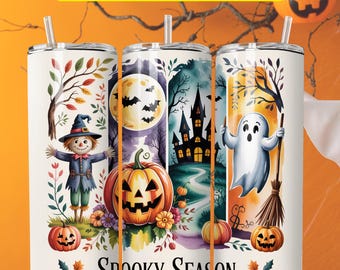 Tumbler Wrap di Halloween, Tumbler da 20 once con motivo a sublimazione "Stagione spettrale", Tumbler Wrap a forma di zucca, Tumbler di Halloween retrò in formato PNG, Download digitale