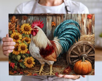 Descarga de diseño de tabla de cortar con sublimación floral de gallo rústico, PNG de tabla de cortar con pollo de granja, diseño digital de archivo de tabla de cortar