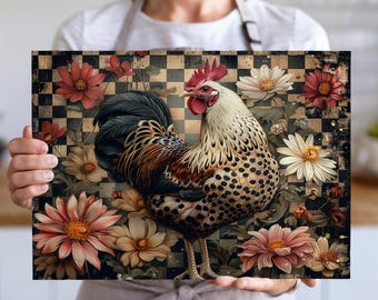 Descarga de diseño de tabla de cortar con sublimación floral de gallo rústico, PNG de tabla de cortar con pollo de granja, diseño digital de archivo de tabla de cortar