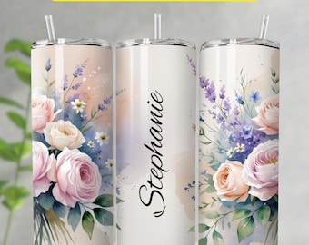Vaso personalizado con nombre, diseño floral para vaso con sublimación de nombre, PNG sin costuras, vaso delgado floral de 20 oz PNG