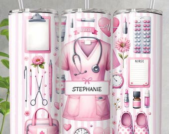 Envoltura para vaso de enfermera PNG, diseño de sublimación de enfermera delgada de 20 oz, regalo de enfermera personalizado rosa, regalo personalizado para estudiantes de enfermería