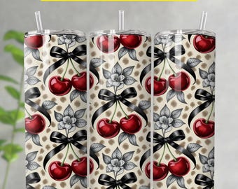 Körsbärsrosett Tumbler Wrap PNG, svart band blommig 20oz smal tumbler sublimeringsdesign, digital nedladdning