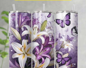 Envoltura para vaso con diseño de mariposa y flores moradas en 3D, descarga digital PNG, diseño de vaso delgado y recto, diseños florales delgados para sublimación de 20 oz
