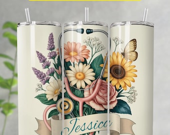 Personalized Nurse Tumbler PNG, Floral Nurse Tumbler Wrap, Nurse Tumbler Wrap, Nurse Tumbler 20oz PNG Digital Download.