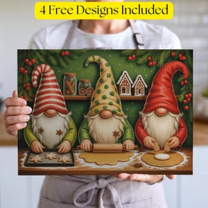 May include: A rectangular print featuring three gnomes baking gingerbread cookies. The gnomes wear colorful hats and coats, with long white beards. The background is green with decorative elements. Text at the top reads "4 Free Designs Included."