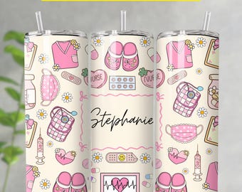 Diseño PNG para vaso de enfermera, 20 oz, diseño delgado para sublimación, regalo personalizado rosa para enfermera, regalo personalizado para estudiante de enfermería