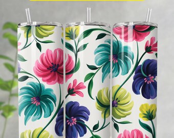 Retro Summer Floral Tumbler Wrap Design, Boho Flowers Tumbler Wrap PNG, 20oz Skinny & Tapered Tumbler PNG, Natychmiastowe pobieranie cyfrowe