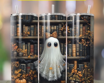 Bicchiere Ghost Library Wrap PNG Bookish Spooky Floral Cozy Halloween, Halloween Bookish Skinny 20oz Sublimazione, Bicchiere Ghost Bookish PNG