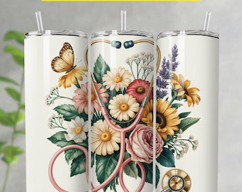 Envoltura de vaso de enfermera, envoltura de vaso de enfermera floral, envoltura de vaso sin costuras, envoltura de vaso de enfermera de 20 oz, descarga digital PNG de vaso de enfermera.
