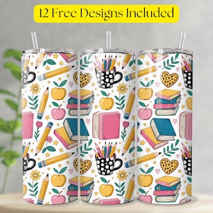 Cute Teacher Themed Tumbler Wrap 20oz Skinny Sublimation Design Coffee Books, and School Supplies Digital Download for Educators Teacher PNG