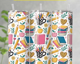 Carino insegnante a tema Tumbler Wrap 20oz Skinny Sublimation Design Caffè Libri e materiale scolastico Download digitale per educatori Insegnante PNG