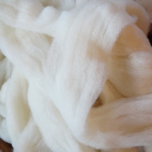 May include: A large pile of white wool fibers, likely for spinning or felting.