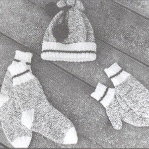 May include: A set of winter accessories in a gray and white speckled pattern with black accents. The set includes a hat, mittens, and socks.