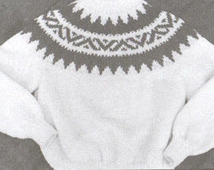 Fairisle yoke style sweater in child and youth pullover knitting pattern uses worsted weight yarn