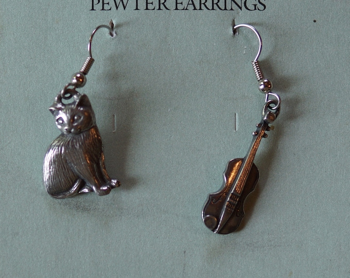Danforth Cat and Fiddle pewter wire earrings, made in the USA